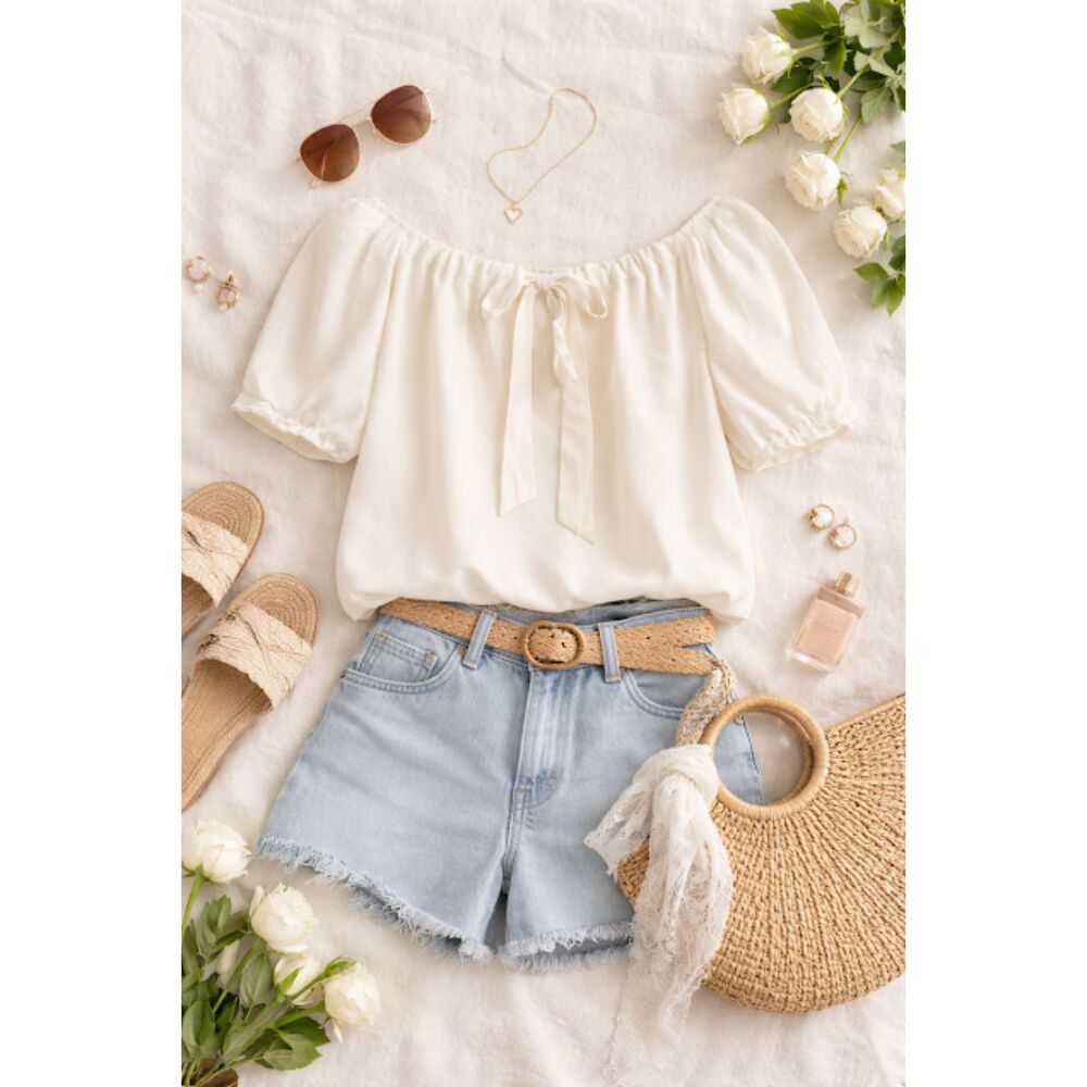 Cream Silk/Spandex Off Shoulder Blouse Puff Sleeve Tie‎ Neck Whimsy Top S/M